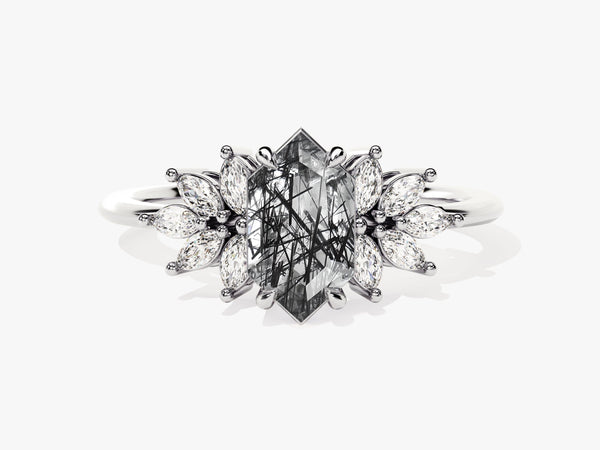 Hexagonal rutilated quartz engagement ring with marquise diamonds