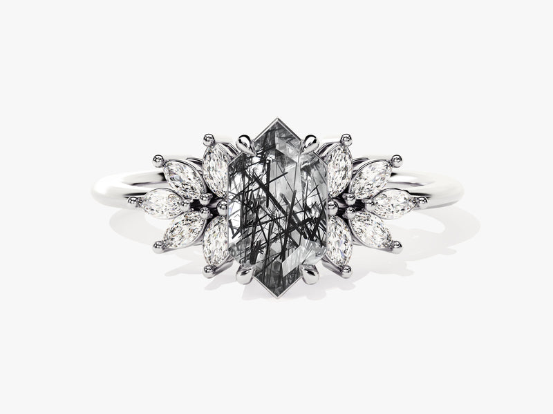 Hexagonal rutilated quartz engagement ring with marquise diamonds