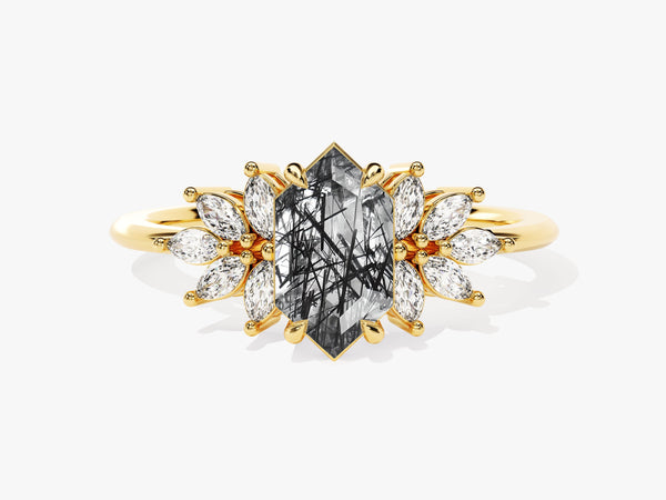 Gold ring with marquise diamonds and a unique black rutile quartz center stone