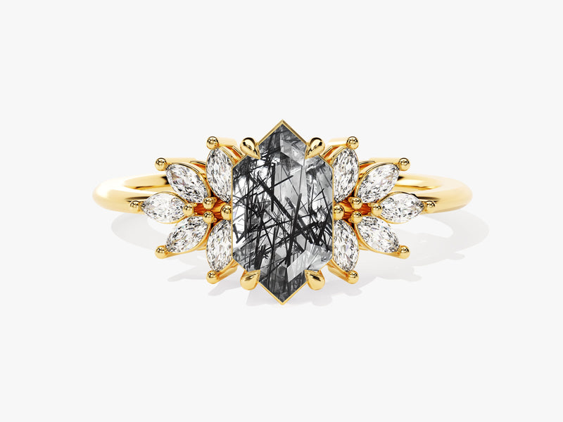Gold ring with marquise diamonds and a unique black rutile quartz center stone