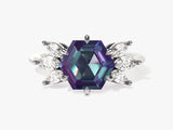Hexagonal alexandrite ring with marquise diamonds, fine jewelry