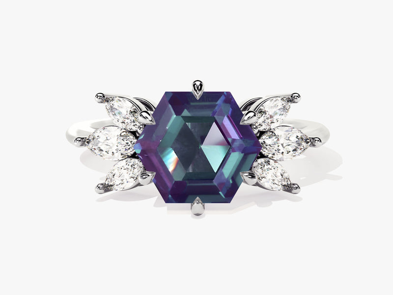 Hexagonal alexandrite ring with marquise diamonds, fine jewelry
