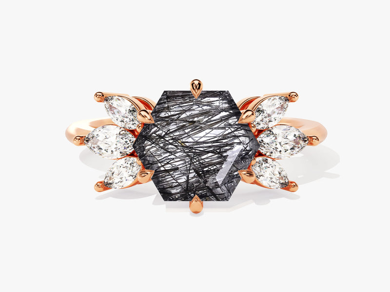 Rose gold ring with hexagonal rutilated quartz and diamonds