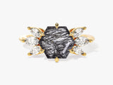 Gold ring with hexagonal rutilated quartz and diamonds