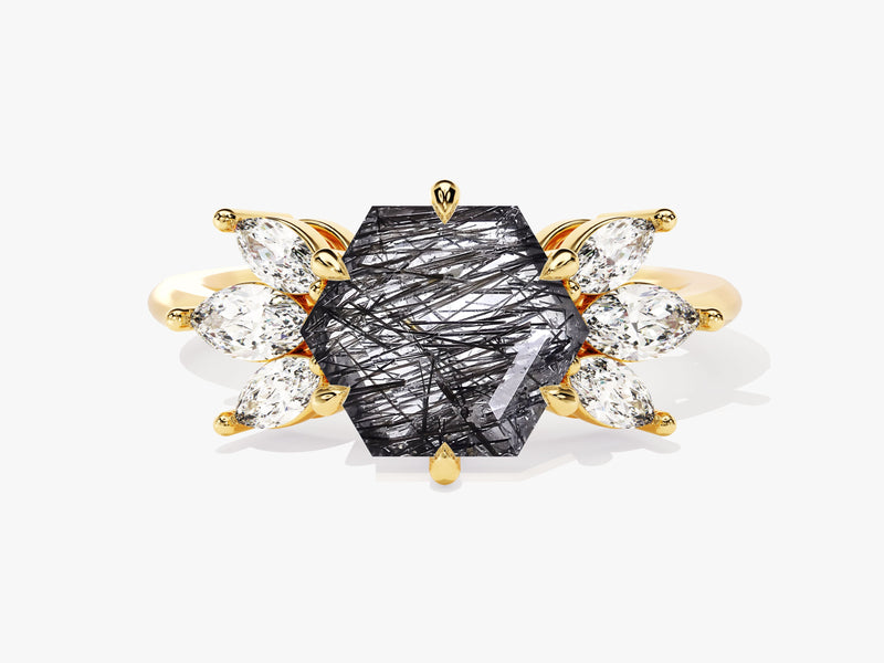 Gold ring with hexagonal rutilated quartz and diamonds