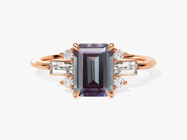 Emerald cut alexandrite ring with diamonds on rose gold band