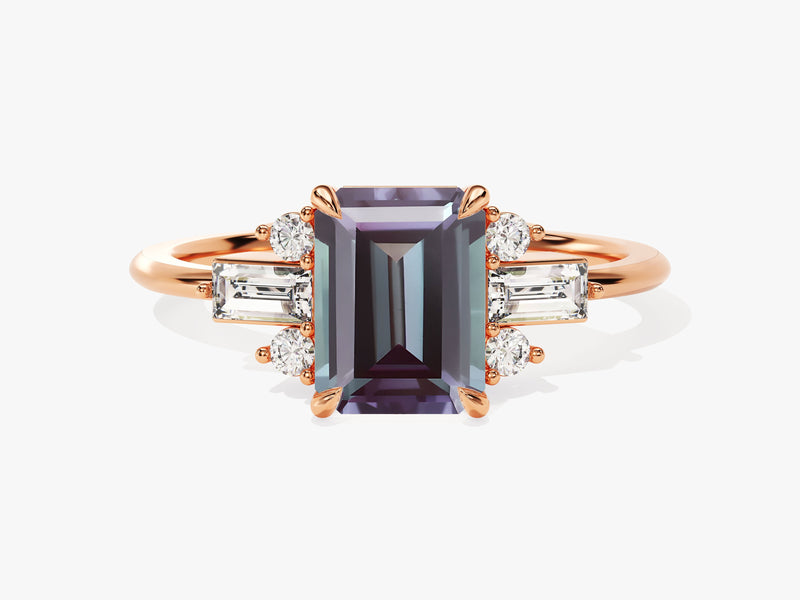 Emerald cut alexandrite ring with diamonds on rose gold band