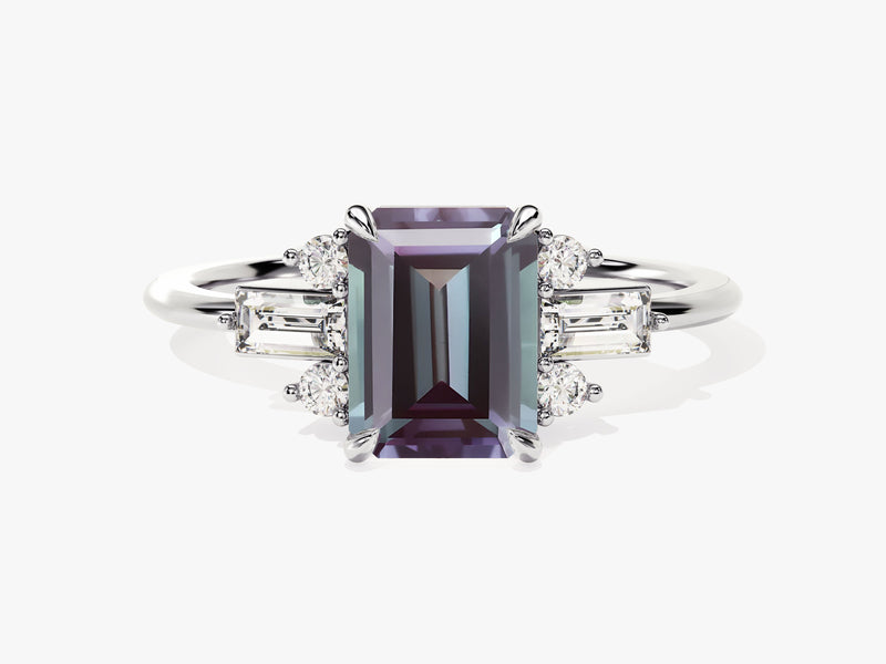 Emerald cut alexandrite ring with diamond accents