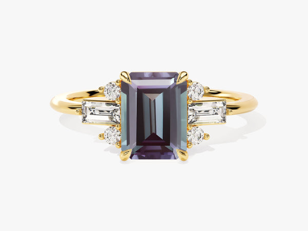 Emerald cut alexandrite ring with diamonds on gold band