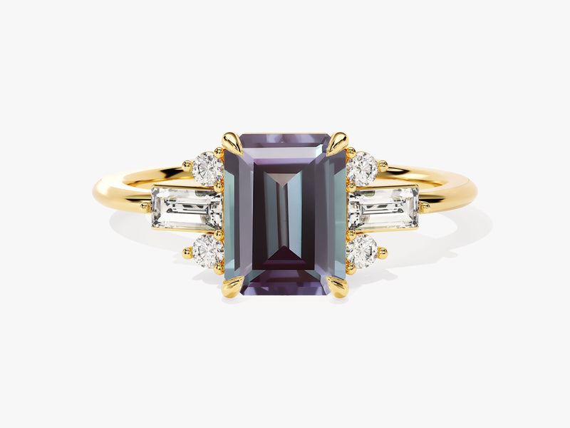 Emerald cut alexandrite ring with diamonds on gold band