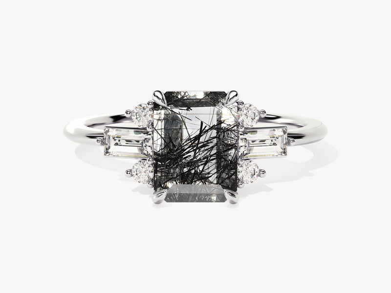 Rutilated quartz emerald cut ring with diamonds