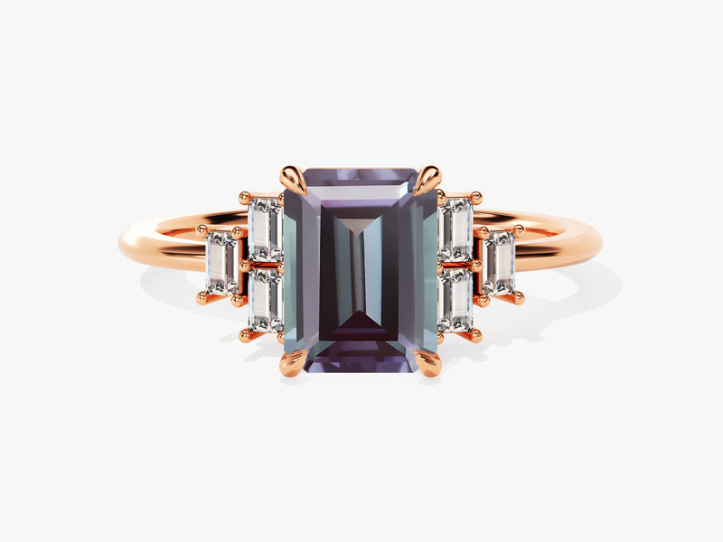 Emerald cut alexandrite ring with baguette diamonds on rose gold band