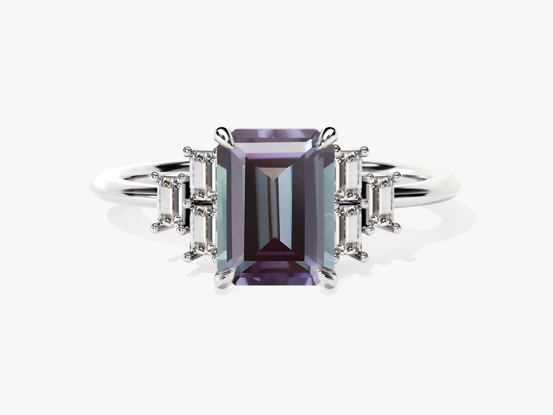 Emerald cut alexandrite ring with baguette diamonds