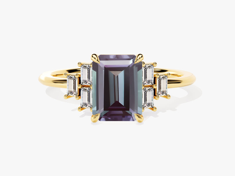 Emerald cut alexandrite ring with baguette diamonds on gold band