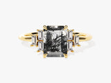 Gold ring with emerald-cut rutilated quartz and baguette diamonds