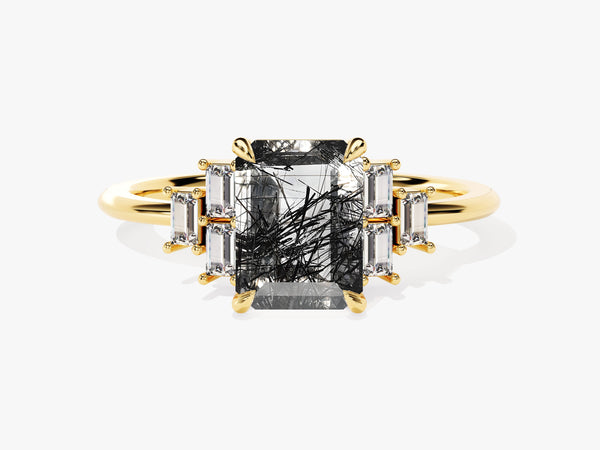 Gold ring with emerald-cut rutilated quartz and baguette diamonds