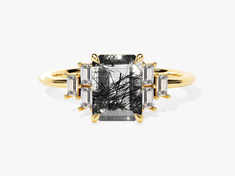 Gold ring with emerald-cut rutilated quartz and baguette diamonds