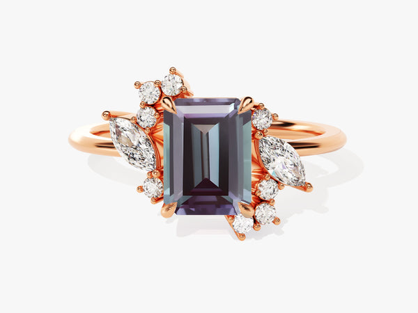 Emerald cut alexandrite ring with diamond accents on rose gold band