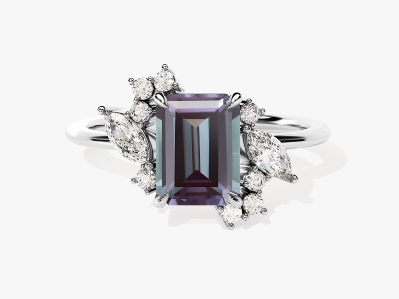 Emerald cut alexandrite ring with diamond accents