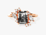 Rose gold ring with emerald-cut rutilated quartz and diamonds