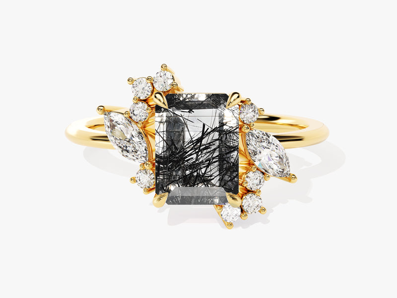 Gold ring with emerald-cut rutilated quartz and diamonds
