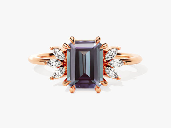 Emerald cut alexandrite ring with marquise diamonds
