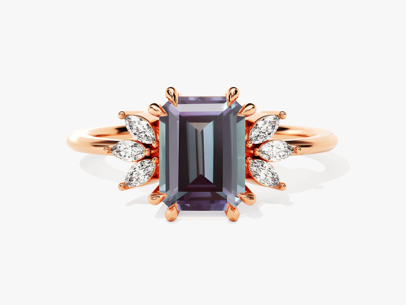 Emerald cut alexandrite ring with marquise diamonds