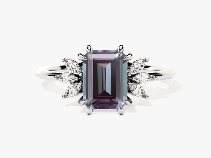 Emerald cut alexandrite ring with diamond accents