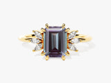 Emerald cut alexandrite ring with marquise diamonds on gold band