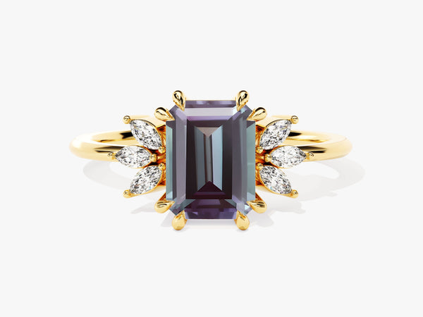 Emerald cut alexandrite ring with marquise diamonds on gold band