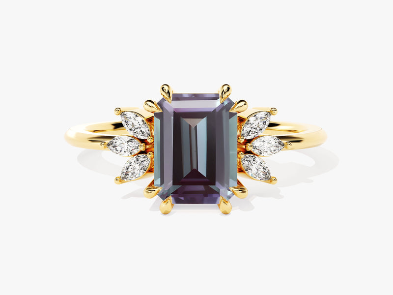 Emerald cut alexandrite ring with marquise diamonds on gold band