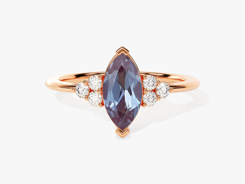 Marquise alexandrite ring with diamonds, rose gold jewelry