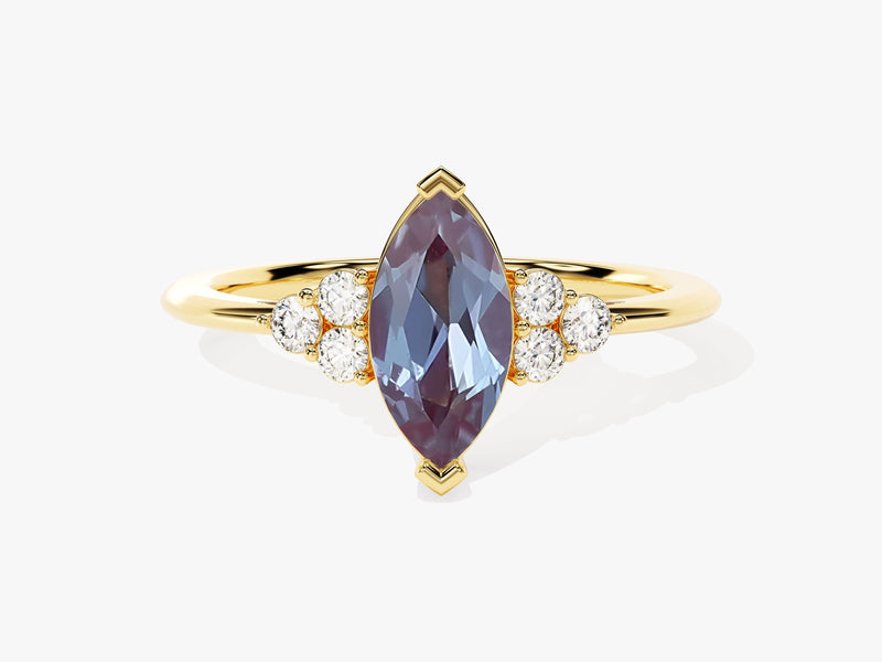 Marquise alexandrite ring with diamonds on gold band