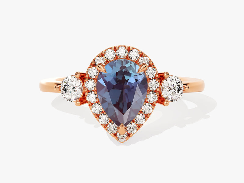 Rose gold pear-cut alexandrite diamond halo ring