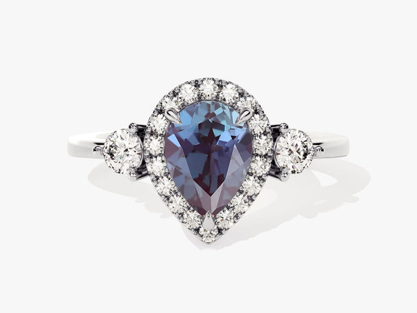 Pear-shaped alexandrite halo ring with diamonds