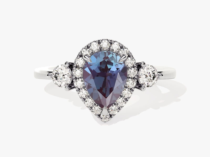 Pear-shaped alexandrite halo ring with diamonds