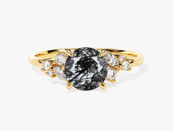 Gold ring with oval rutilated quartz and diamond accents