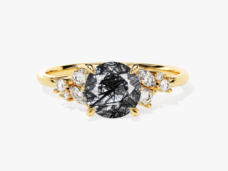 Gold ring with oval rutilated quartz and diamond accents