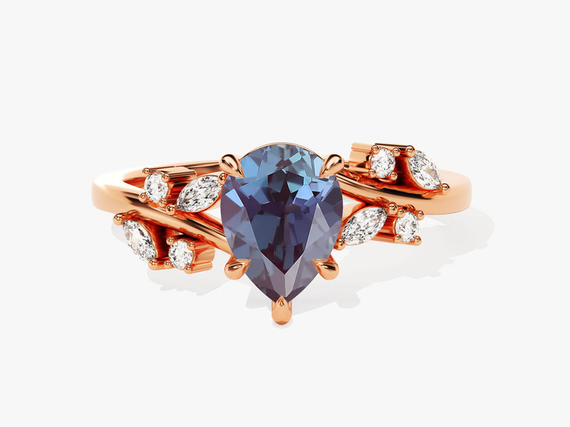 Rose gold pear-cut alexandrite ring with diamonds