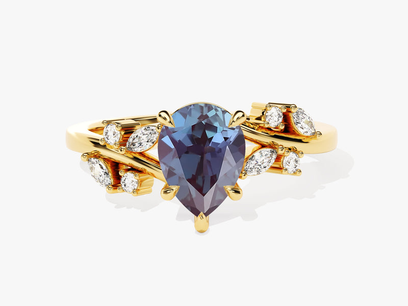 Gold ring with pear-shaped alexandrite and diamonds