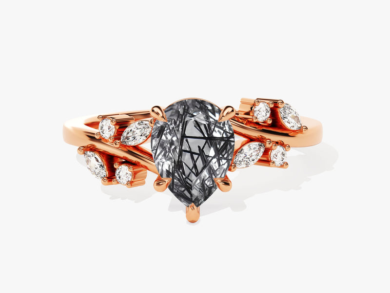 Rose gold ring with pear-cut rutilated quartz and diamonds