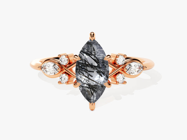 Rose gold ring with marquise cut rutilated quartz and diamonds