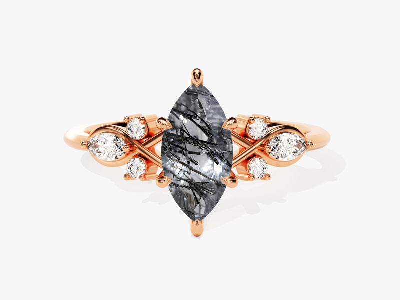 Rose gold ring with marquise cut rutilated quartz and diamonds