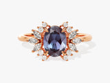 Oval alexandrite and diamond halo ring in rose gold