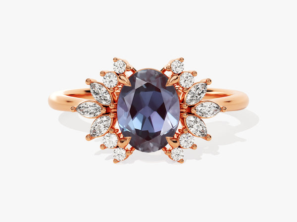 Oval alexandrite and diamond halo ring in rose gold