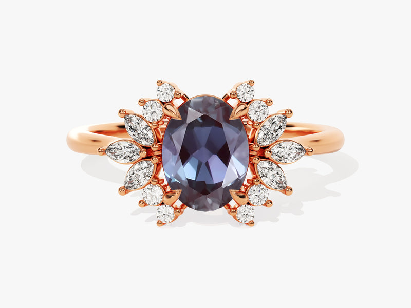 Oval alexandrite and diamond halo ring in rose gold