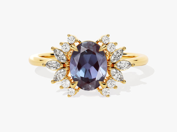 Oval alexandrite diamond halo ring in yellow gold