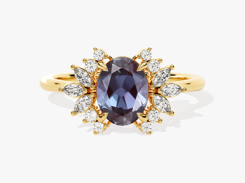 Oval alexandrite diamond halo ring in yellow gold