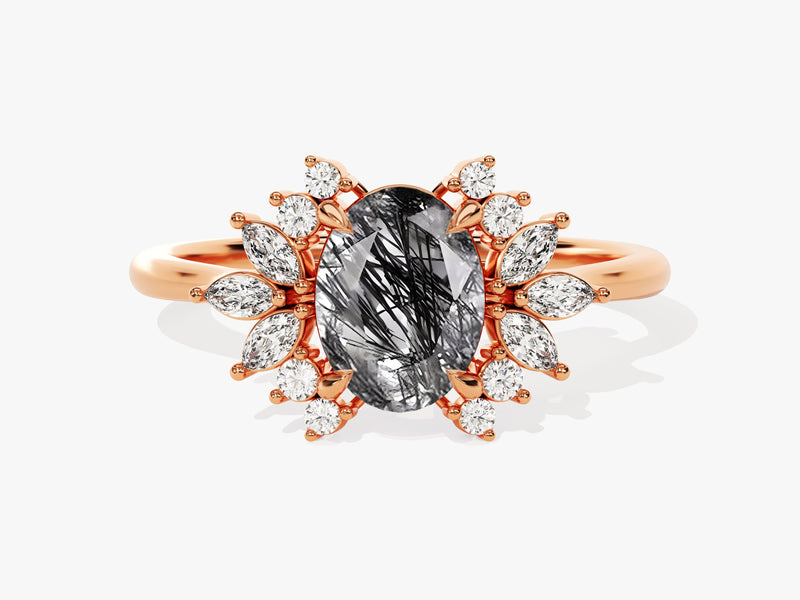 Rose gold ring with oval rutilated quartz and diamond halo