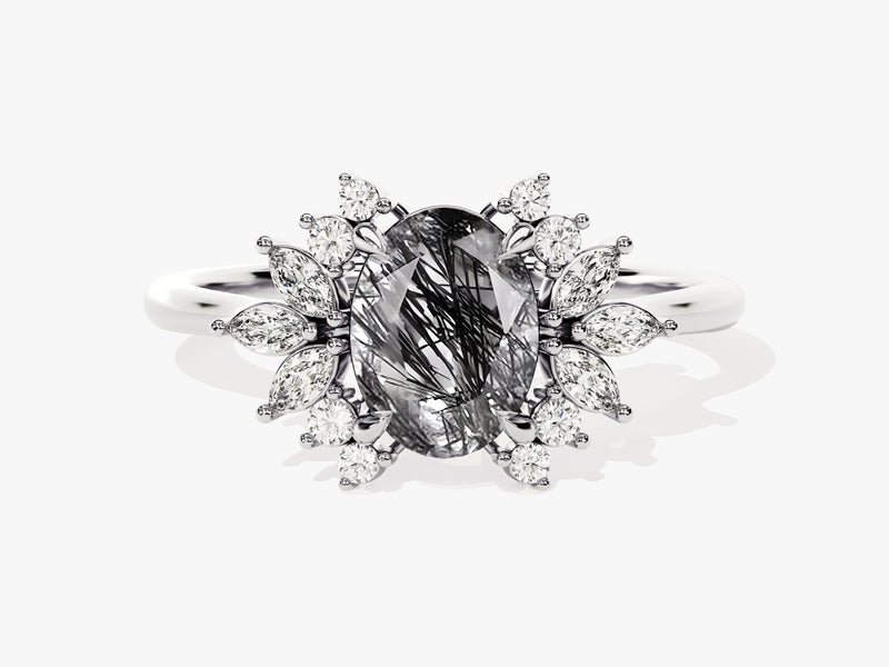 Oval rutilated quartz ring with diamond halo, fine jewelry